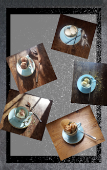 vanilleeis, schokoeis, pistazieneis, dulce de leche eis, 
      minzeies mit schokochips. in einzelnen bilder das eis ist in blaumellierte tassen einige zutaten 
      sind auf den bildern zu sehen und ein langstiliger eislöffel