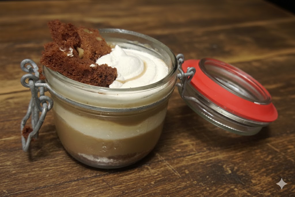 ein einmachglas auf einem alten holztisch, im glas geschichtet: butterscotchpudding, vanillesahne und einem hausgemachten brownie in stücke gebrochen