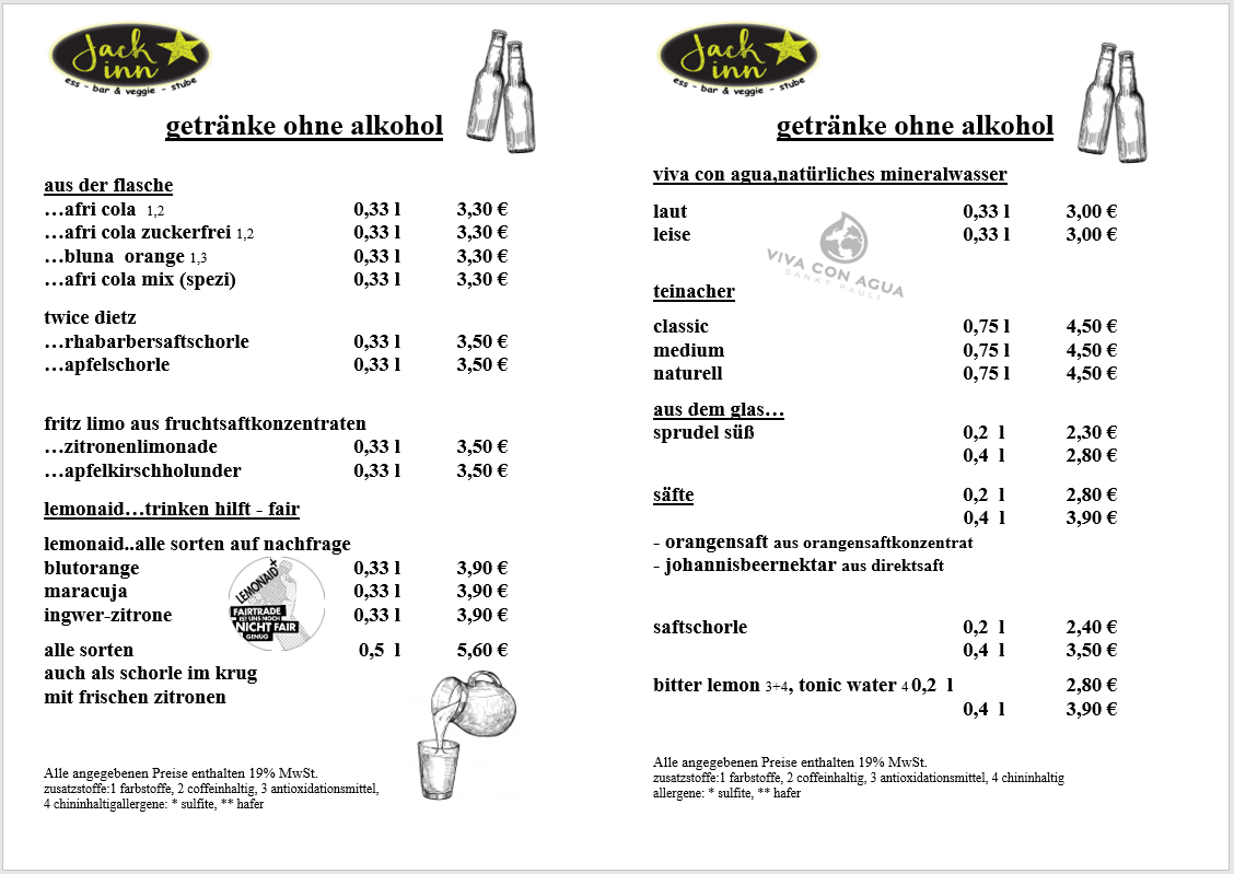 Getränkekarte: Bier, Wein, Softdrinks und hausgemachte Limonaden