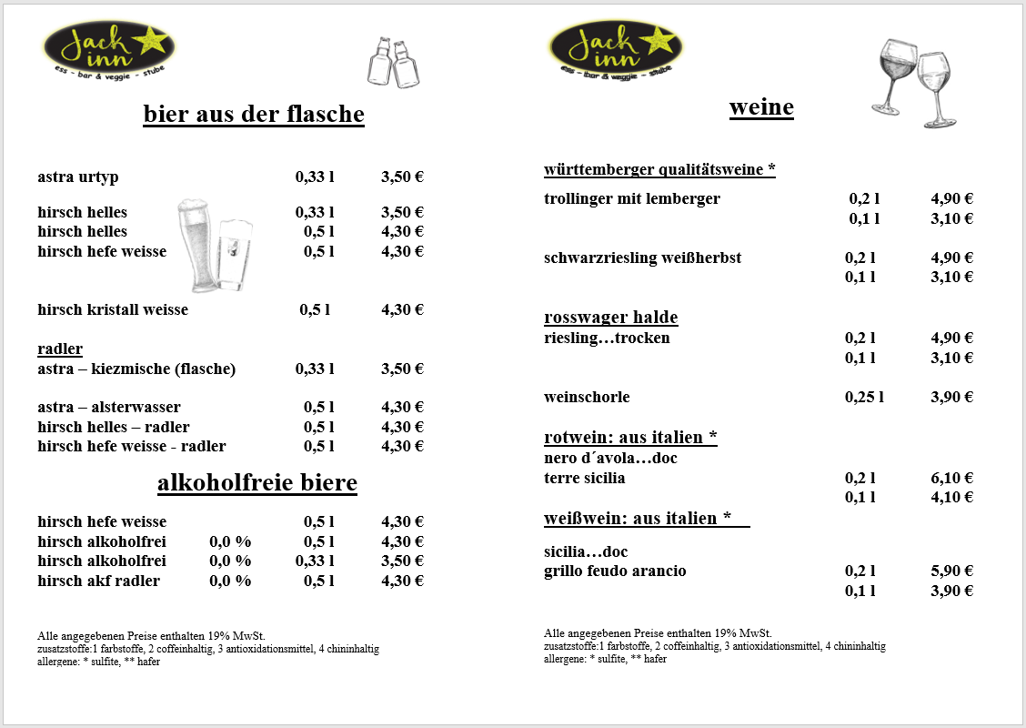 Weinkarte und alkoholfreie Spezialitäten des Hauses