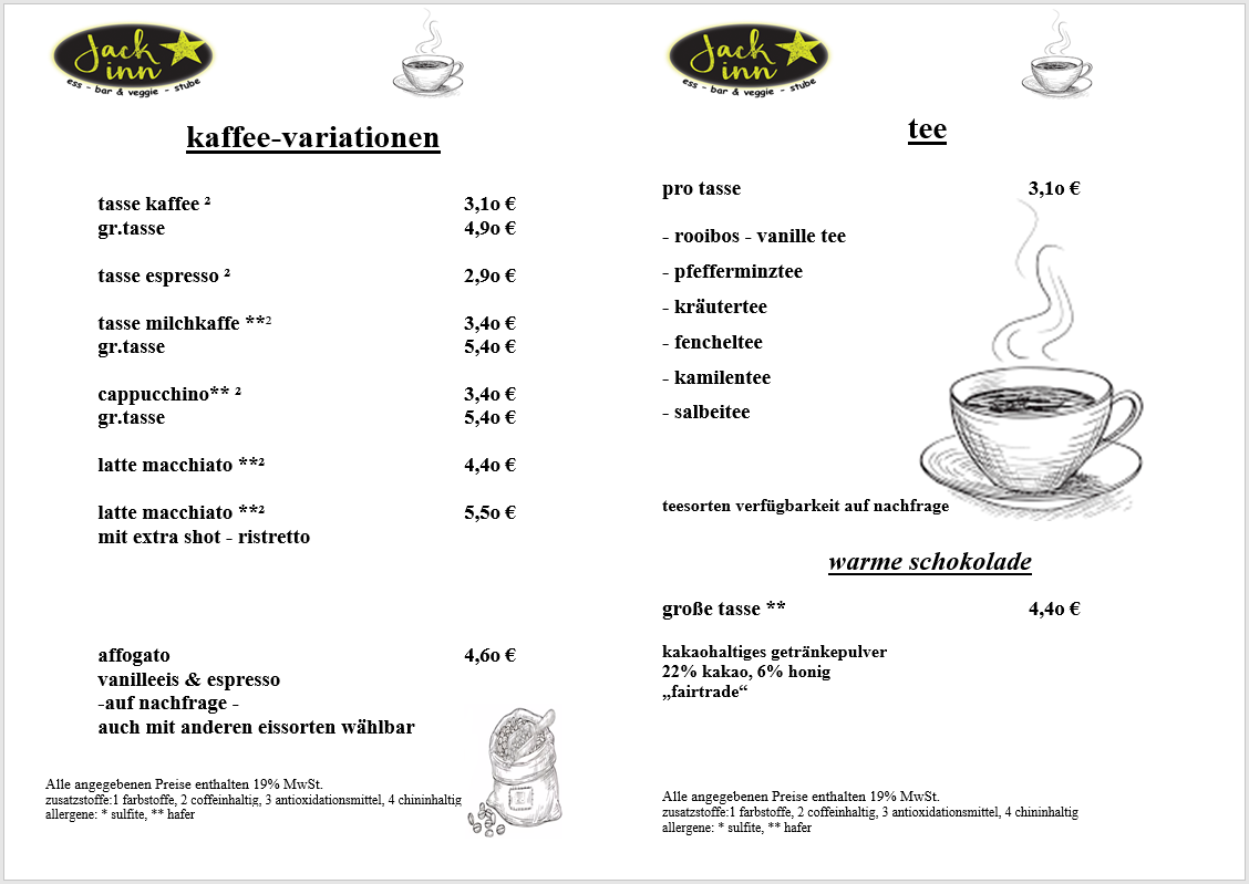 Kaffee- und Teespezialitäten: Cappuccino, Latte Macchiato, Kräutertees