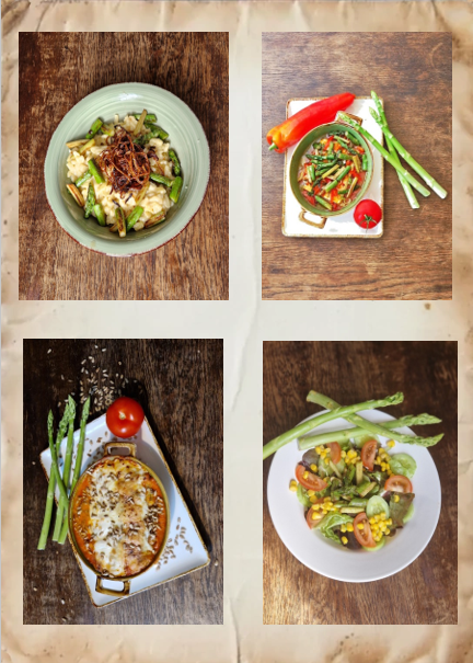 4 bilder mit spargelgerichten:bild1 käsespätzle mit grünemspargel und röstzwiebeln, bild2 feta mit paprika, frühlingszwiebeln grünem spargel deko 1 ganze paprika, 1 ganze tomate, 3 grüne spargel,
                 bild3 überbackener kräuterpfannkuchen in einer tomatensahnesoße und gerösteten sonnenblumenkerne, deko 4x grüner spargel und 1 ganze tomate, bild4 salatteller mit salatblätter, mais, gurken und gebratene grüne spargelstücke als deko liegen auch hier 3 x grüner spargel am tellerrand. 
                 alle teller stehen auf einem alten holztisch